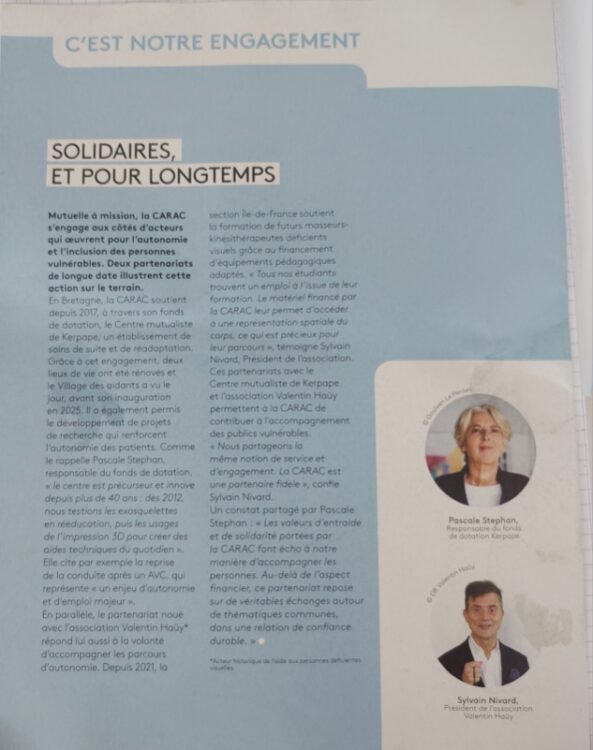 Article « Solidaires, et pour longtemps » du magazine de la CARAC, avec Pascale Stephan, responsable du Fonds de dotation Kerpape
